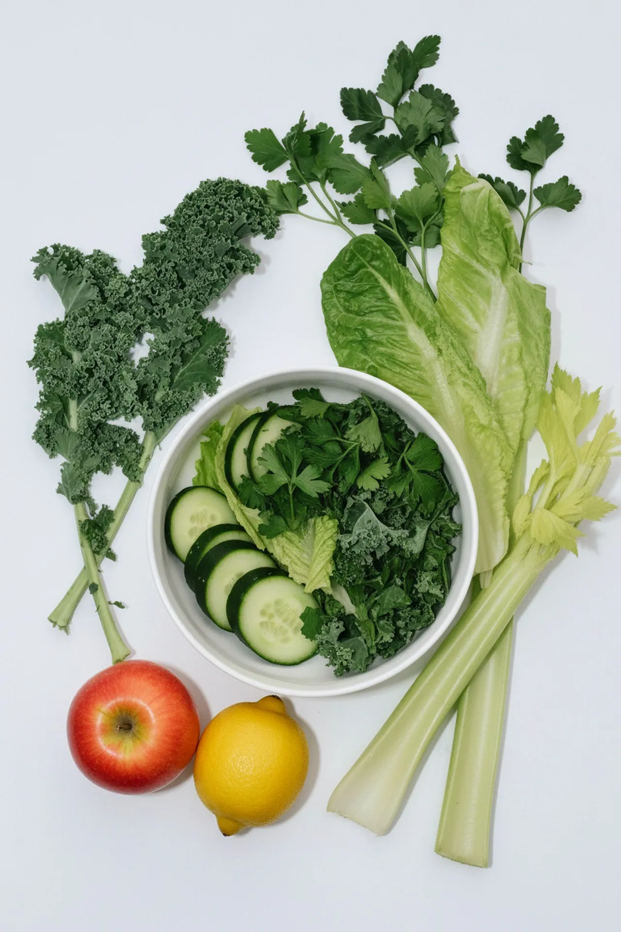 Schüssel mit Gurke, Grünkohl und Petersilie, daneben Salat, Sellerie, Apfel und Zitrone