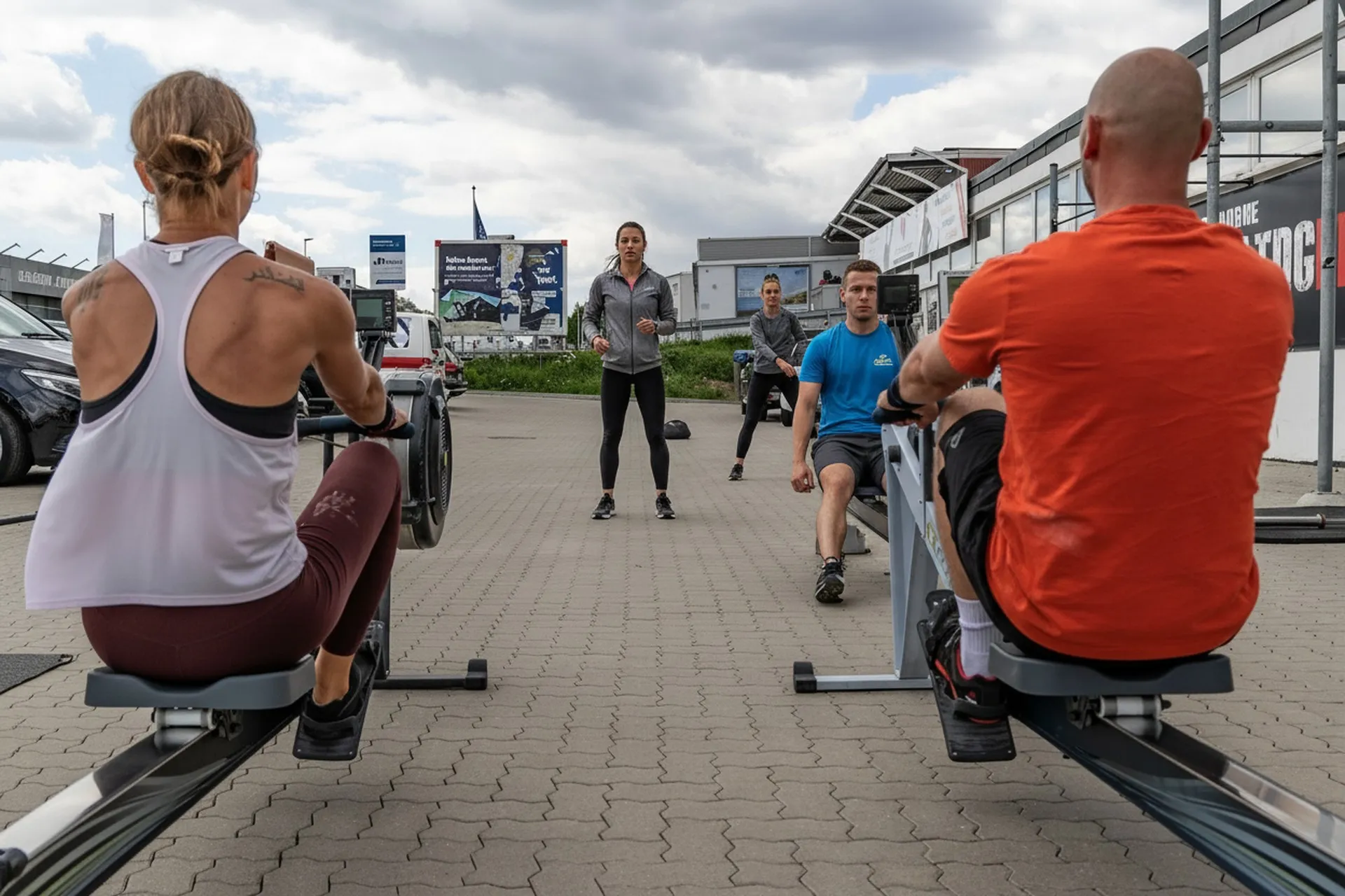 Five people rowing outside the box, led by a coach